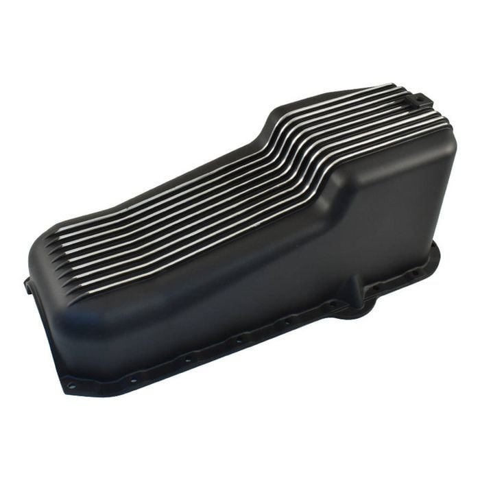 Black Finned Aluminium Oil Pan Sump, Small Block Chev 1985-up Right-Hand Dipstick