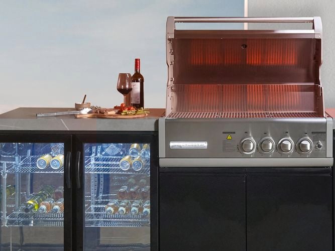 gas burner bbq on a red and black background