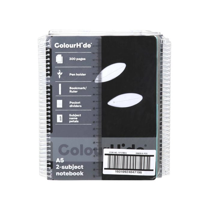 5pc Colourhide A5 Spiral Subject Book School Writing Notebook 300-pages Black