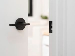 A white door with a sleek black handle is partially open.
