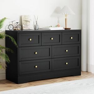 Homfurn 7-drawer Tallboy Dresser 110cm Black – Living Room Bedroom Organiser