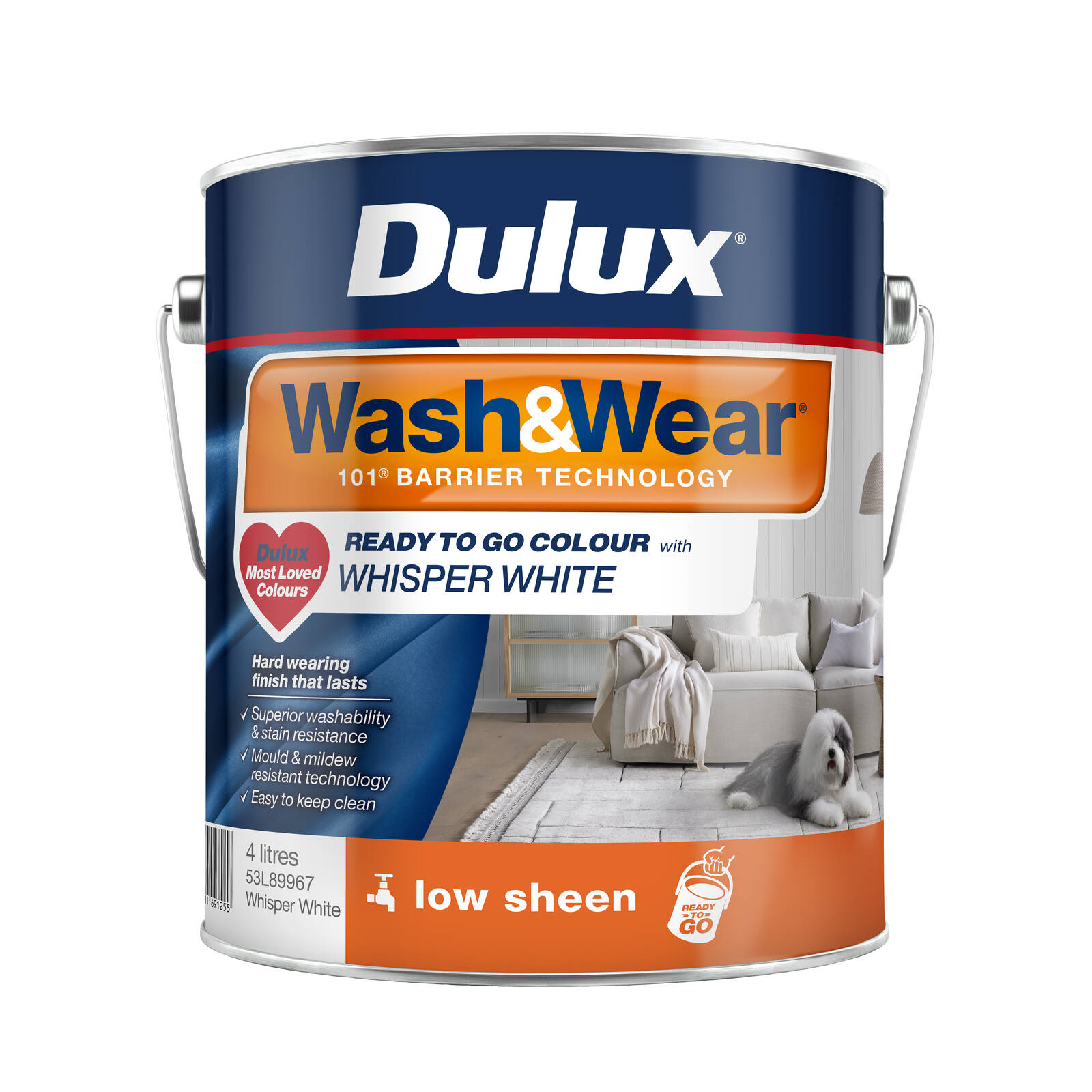 Dulux 4L Whisper White Low Sheen Ready To Go Colour Wash&Wear Interior ...