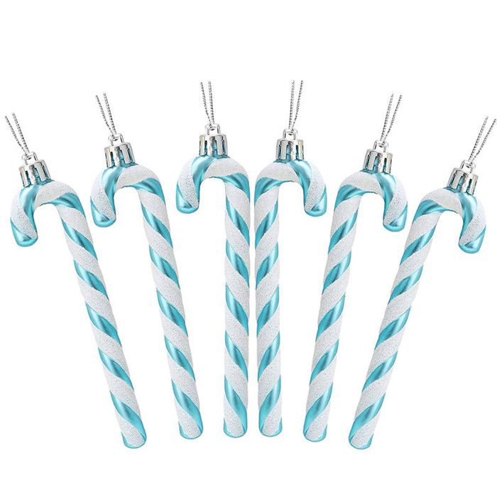 Catzon 6 Pcs Glitter Candy Cane Christmas Ornaments with Golden Ropes-Lake Blue