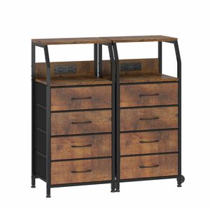 Advwin 2xbedside Table With Charging Station, 4-drawer Fabric Nightstand With Storage Shelf Rustic Brown