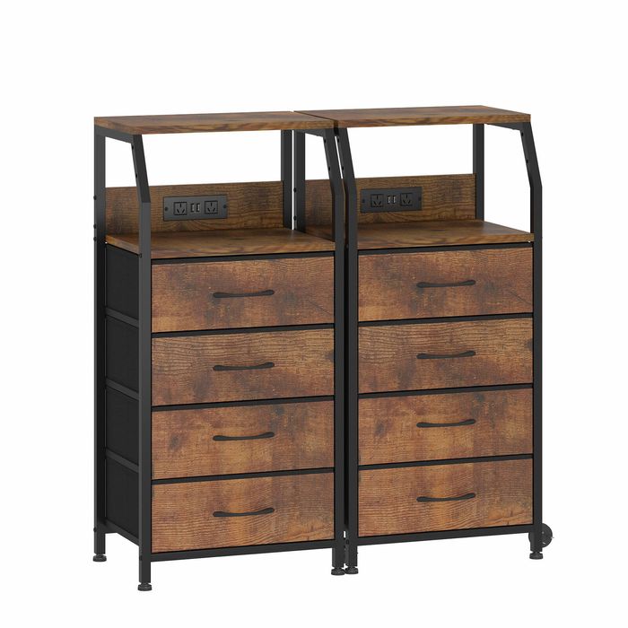 Advwin 2xbedside Table With Charging Station, 4-drawer Fabric Nightstand With Storage Shelf Rustic Brown