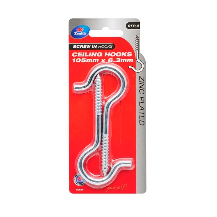 Zenith 105 x 6.3mm Zinc Plated Ceiling Hook - 2 Pack