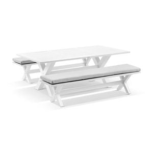 Tahitian 2.1m Dining Setting Bench Seats White & Olefin Grey Cushions