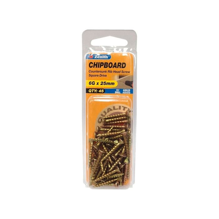 Zenith Chipboard CSK Head  6g x 25mm 45pk Gold Passivated Screw