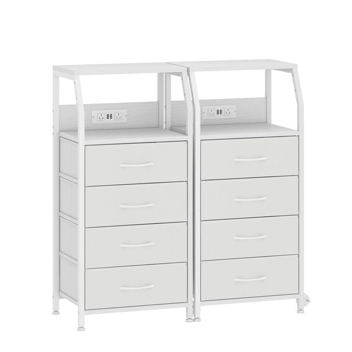 Advwin 2xbedside Table With Charging Station, 4-drawer Fabric Nightstand With Storage Shelf White