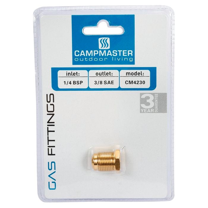 Campmaster Gas Adaptor for 1/4 BSP Inlet to 3/8 SAE Outlet