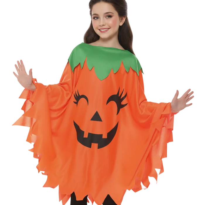 Cute Orange Pumpkin Print Girls Halloween Costume Poncho - One Size