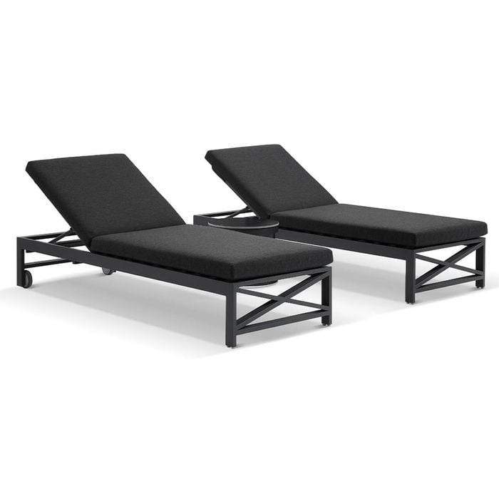 Kansas Outdoor Aluminium Sun Lounge Set On Wheels Charcoal With Hugo Side Table & Denim Grey Cushions