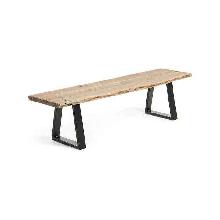 Alaia bench in solid natural acacia wood with black steel legs, 140 cm