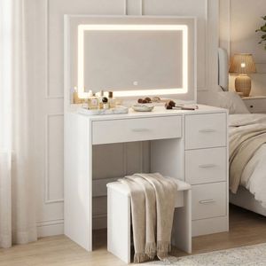 Oikiture Dressing Table Stool Set Large Makeup Mirror Vanity White