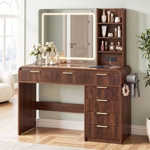 HOMFURN Walnut Dressing Table with LED Mirror, Charging Station & 7 Drawers, 120cm Vanity Desk with Glass Top