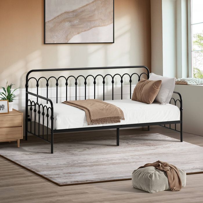 Oikiture Metal Daybed Frame Single Size Sofa Bed Steel Slat Support Black