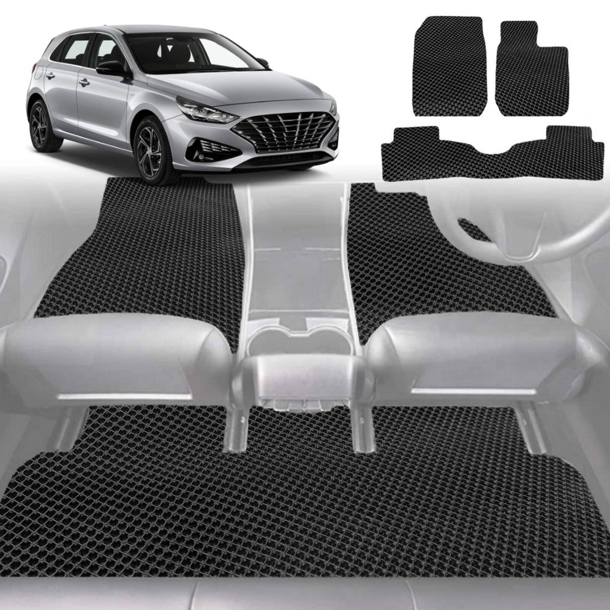 6D Diamond Car Floor Mats for Hyundai i30 2017-2021-Full Set-Black ...