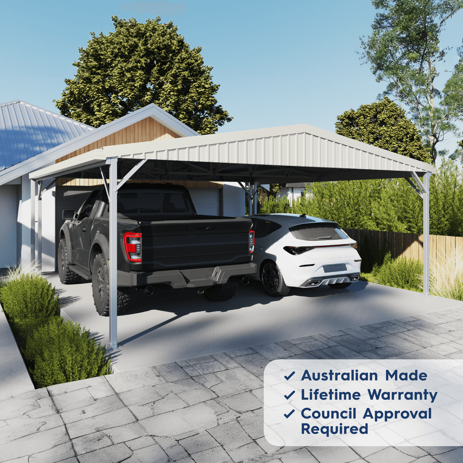 Absco Structures 6.00 x 6.00 x 2.98m Surfmist Double Gable Carport Bunnings Australia