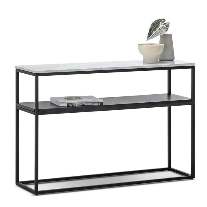 Ebonie 120cm White Marble & Black Shelf Console Table