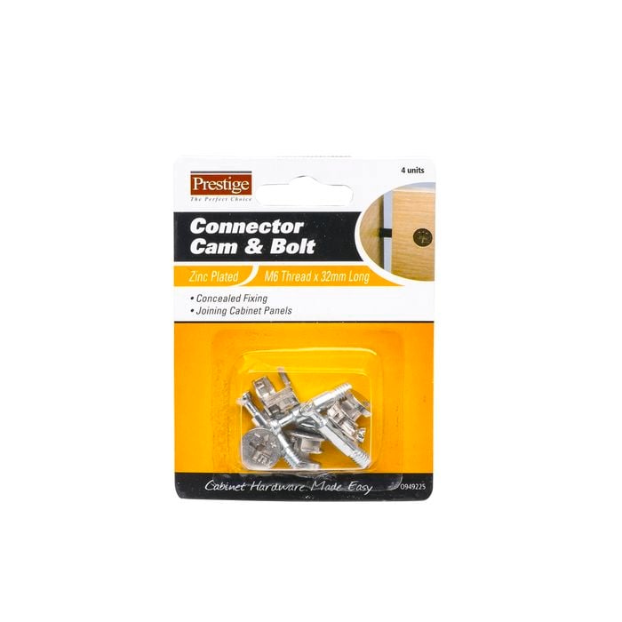 Connector Cam & Bolt Prestige 32mm M6 Zinc Plate 4pk