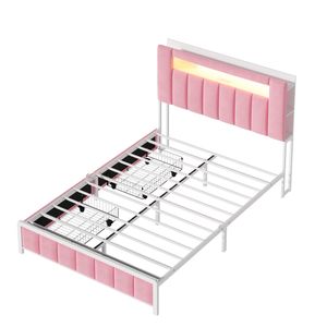 Ufurniture Double Bed Frame with Hidden Storage and LED Headboard & 2 Drawers Pink