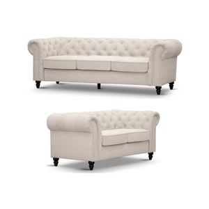 Mellowly 3 + 2 Seater Sofa Fabric Uplholstered Chesterfield Lounge Couch - Beige