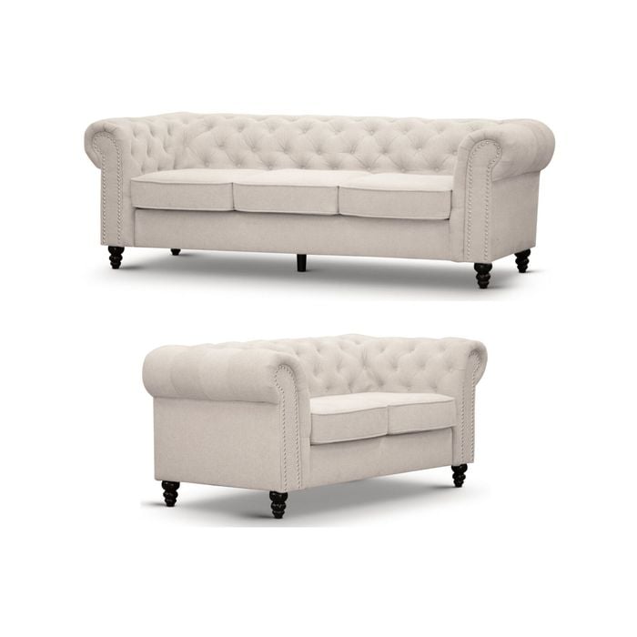 Mellowly 3 + 2 Seater Sofa Fabric Uplholstered Chesterfield Lounge Couch - Beige