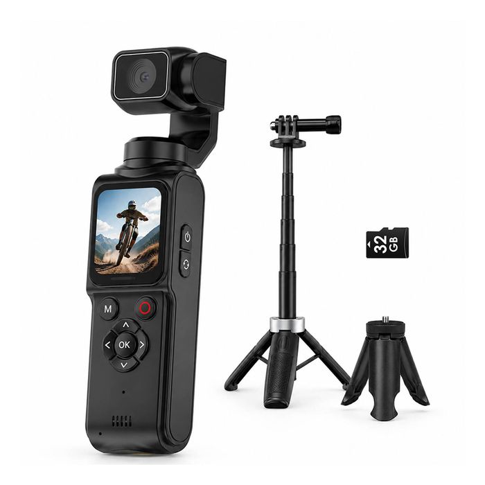 HJD05 Vlog Gimbal Camera – 4K 75MP Auto-Tracking 32GB SD Card 31cm Tripod for Travel Vlogging