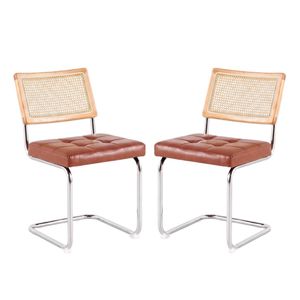 Rattan Cane Back Dining Chair, Tufted Upholstered Seat with Chrome Cantilever Frame, Wooden Backrest Frame