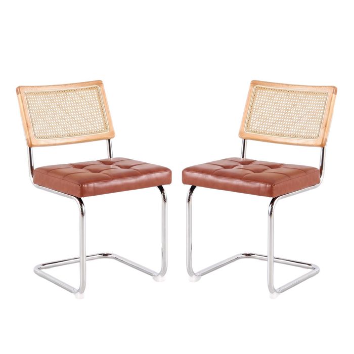 Rattan Cane Back Dining Chair, Tufted Upholstered Seat with Chrome Cantilever Frame, Wooden Backrest Frame