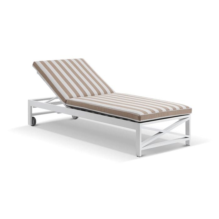 Kansas Outdoor Aluminium Sun Lounge On Wheels White & Sunbrella Maxim Heather Beige Cushions