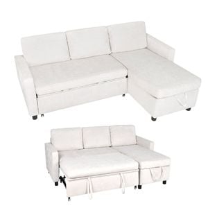 Advwin 3 Seater Pull Out Sofa Bed w/ Storage Chaise 194cm L Shaped Corner Sleeper Couch Beige