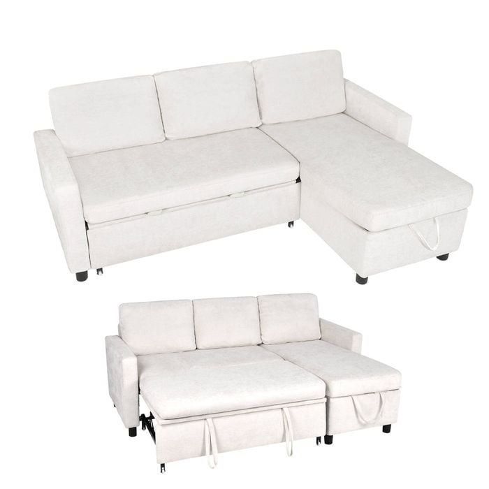 Advwin 3 Seater Pull Out Sofa Bed w/ Storage Chaise 194cm L Shaped Corner Sleeper Couch Beige