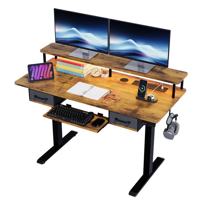 Advwin Electric Standing Desk with Keyboard Tray and Fabric Drawers, Charging Station & LED Light,Rustic Brown