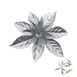 Catzon 12 Pcs Glitter Christmas Flowers with Clips Artificial Poinsettia-Silver