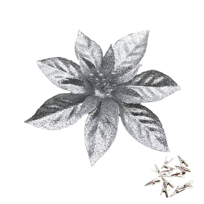 Catzon 12 Pcs Glitter Christmas Flowers with Clips Artificial Poinsettia-Silver
