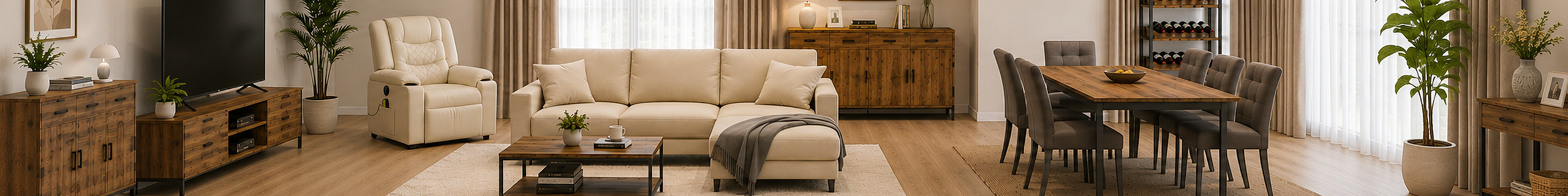 Open-plan living and dining room featuring matching timber furniture, a cream lounge suite, upholstered dining chairs and modern home décor.