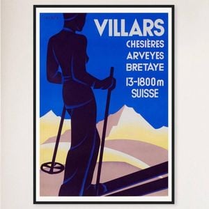 Galrie Vintage Skiing in Villars Switzerland Art Deco Poster for Home Decor, Black Frame, A0 84 x 119cm (33 x 47inch)