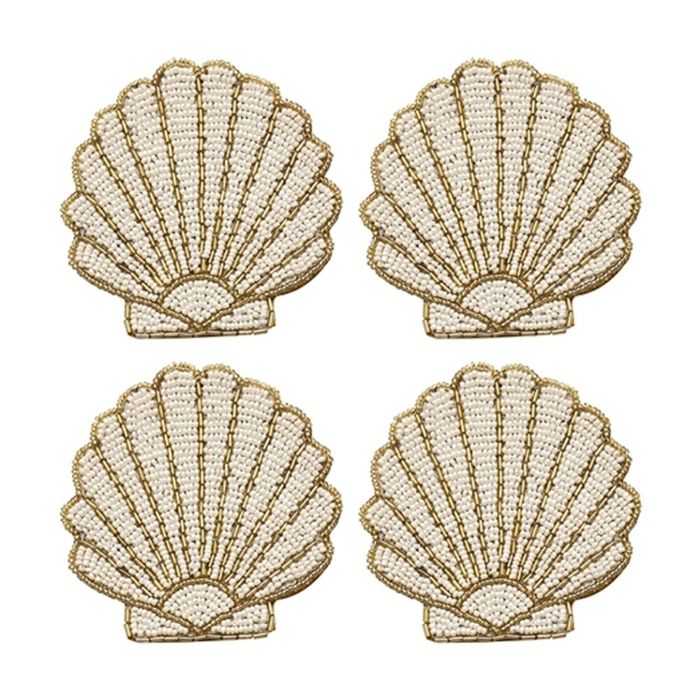 4pc Porto Nautilus Set Beaded Coasters Glass Seashell Design Multicolour