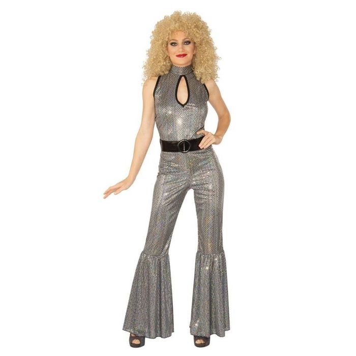 Disco Diva Halloween Costume for Adults, 70s Metallic Jumpsuit with Belt Party Outfit, Large