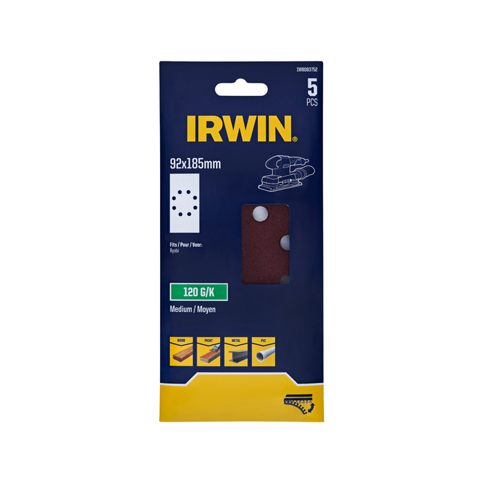 IRWIN 92 x 185mm 120 Grit Orbital Sheets - 5 Pack