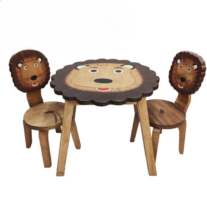 Lion Kids Table Set with 2 Chairs - Handmade Solid Timber