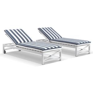 Kansas Outdoor Aluminium Sun Lounge Set On Wheels White & Navy Stripe Cushions