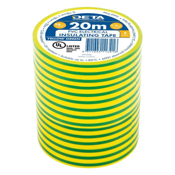 DETA 20m x 18mm Yellow / Green Insulation PVC Tape - 5 Pack