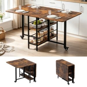 Ufurniture Folding Dining Table Drop Leaf Expandable Kitchen Table For 6 person with Wheels and Storage Shelf Rustic Brown