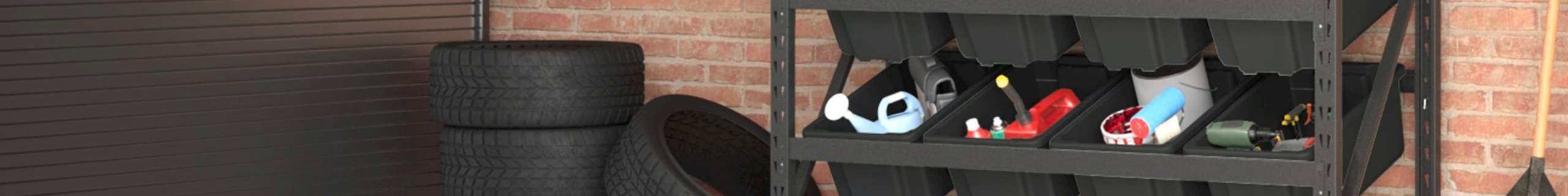 Handy crate system in the garage with some having lids