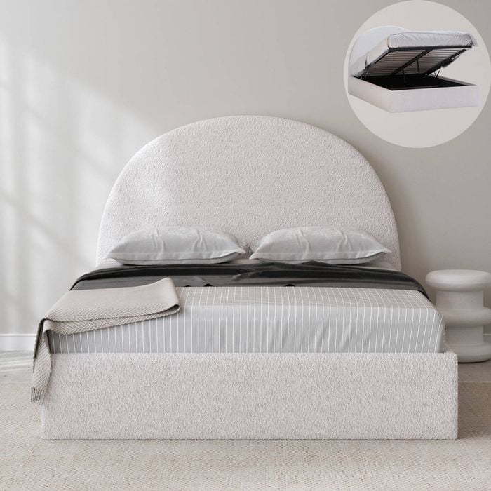 Arch Boucle Fabric Queen White Gas Lift Storage Bed Frame
