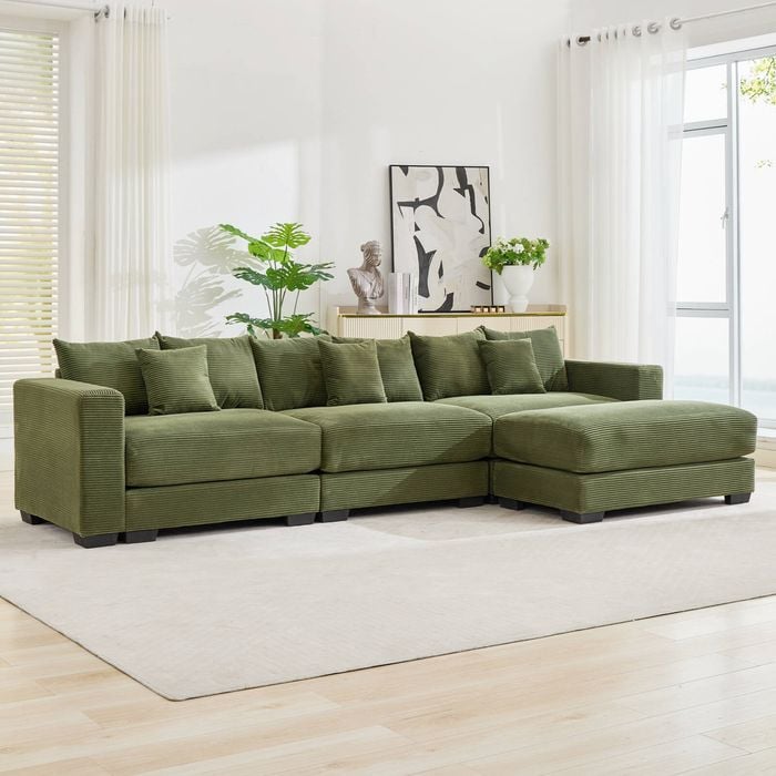 Homfurn 326cm Oversized 3 Seater Sofa with Chaise, Corduroy Large Sectional Couches with 1 Footstool