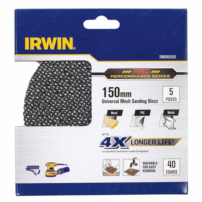 Irwin 150mm 40 Grit Orbital Sanding Disc - 5 Pack