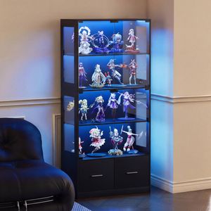 Advwin 4 Tier LED Glass Display Cabinet w/ Drawer 170cm Storage Bookshelf Organizer Hallway Storage Black